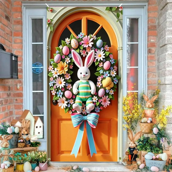 JingChun Happy Easter Door Cover Bunny Banner Large Nylon Colorful Spring Welcome Decoration for Easter Party Photo Booth Background Favor Supplies, 35 x 70 Inches