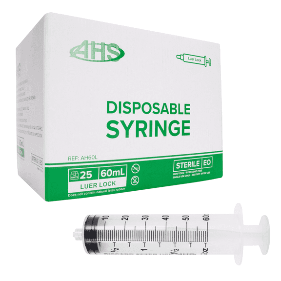 60mL Luer Lock Syringe (25 Pack), Sterile, Individually Wrapped, Syringes for Liquid, Scientific Labs, Feeding Syringes for Pets, Measurement, Medicine, Dispensing, & Oral, Clear