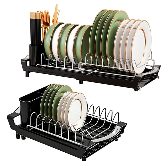 GIRACOA Expandable Dish Drying Rack, Small Stainless Steel Dish Drainer with Cutlery Holder for Kitchen Countertop, Black