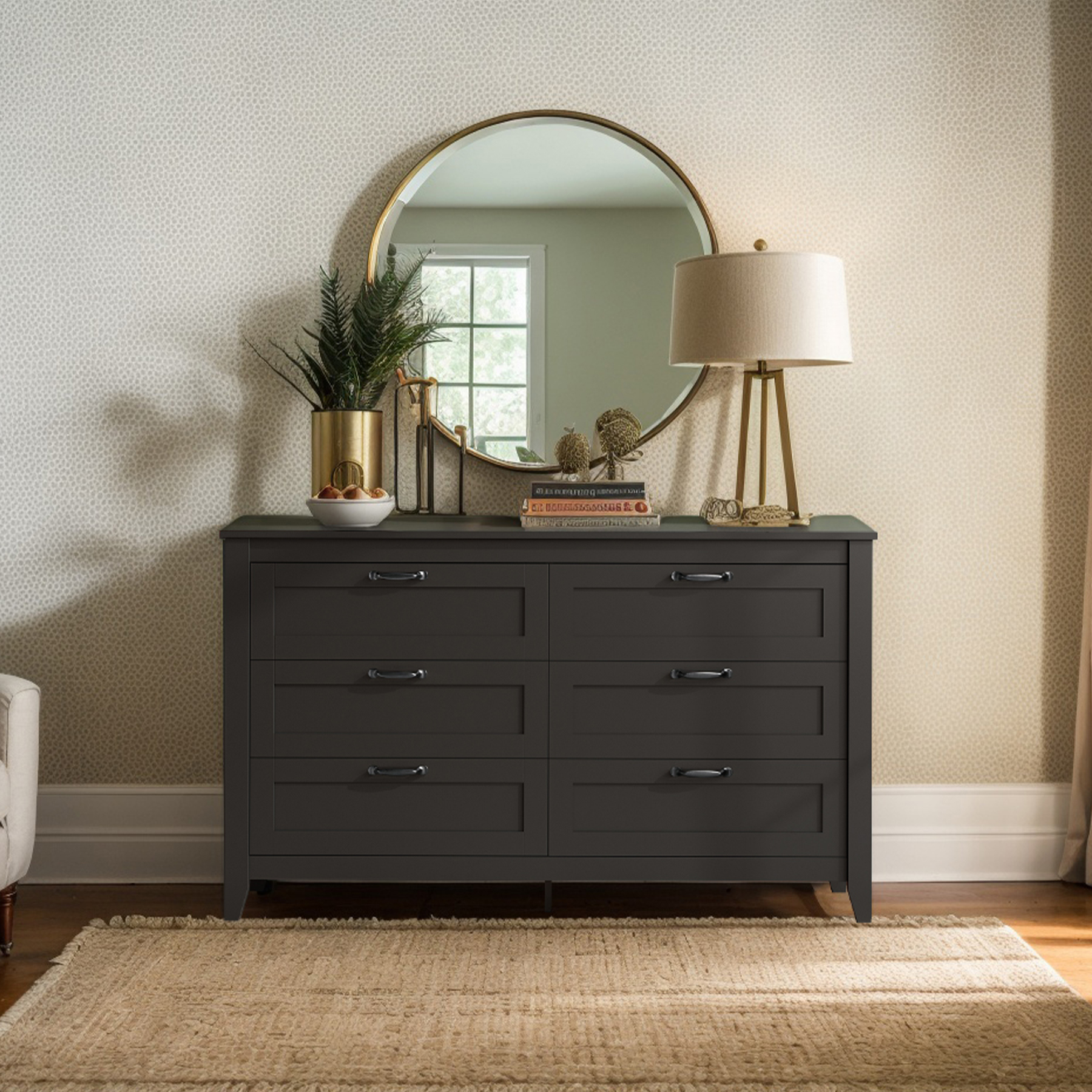GALAXHERO 6-Drawer Double Wood Dresser - Farmhouse Chest of Drawers with Metal Handles for Bedroom, Living Room, Entryway, Black