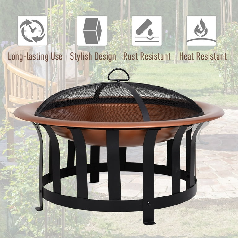 Outsunny Copper-Colored Round Metal Wood Fire Pit Bowl with Black Ornate Base, Poker, & Mesh Screen for Ember Protection Outsunny Copper-Colored Round Metal Wood Fire Pit Bowl with Black Ornate Base, Poker, & Mesh Screen for Ember Protection