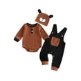 thumbnail image 2 of 3Pcs Infant Boy Outfit Crew Neck Long Sleeve Contrast Color Romper Suspender Pants and Dog Face Print Hat Set, 2 of 7