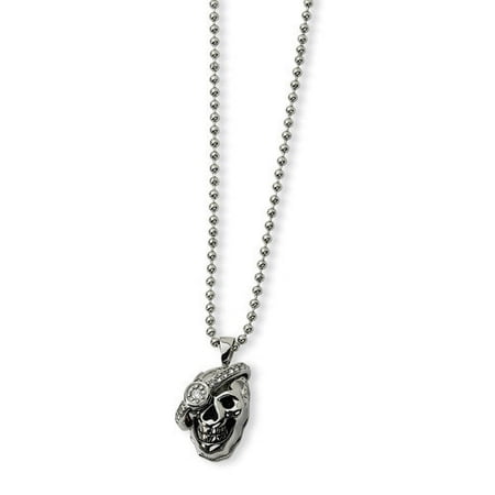 Jewelryweb Stainless Steel Skull with Diamond Necklace - 24 Inch