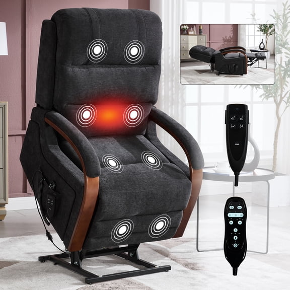Miekor Furniture Power Black Chenille Lift Recliner Chair Dual Motor Infinite Position Up to 350 LBS with Solid Wood Armrests, Heat Massage and Heavy Duty Motion Mechanism MK0672