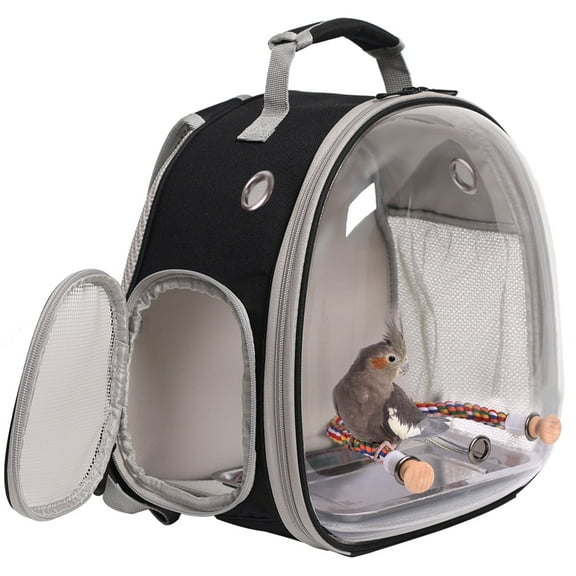 Halinfer Bird Travel Carrier Cage, Transparent Bubble Astronaut Bubble with  Stainless Steel Tray and Rope Standing Perch (Black)