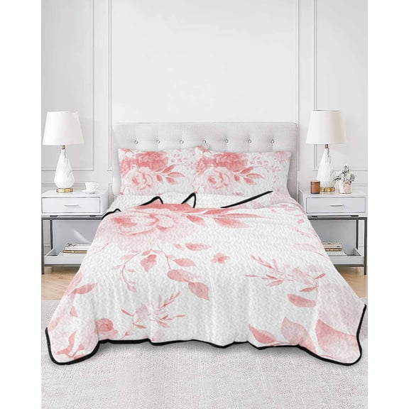 Quilts Twin XL Size, Pink Floral Art Soft Comforter Bedding Set for Bed, Watercolor Botanical Spring Flowers Lightweight Quilted Bedspread with Pillow Cover(2 Pieces) for All Season, 68x98 Inch