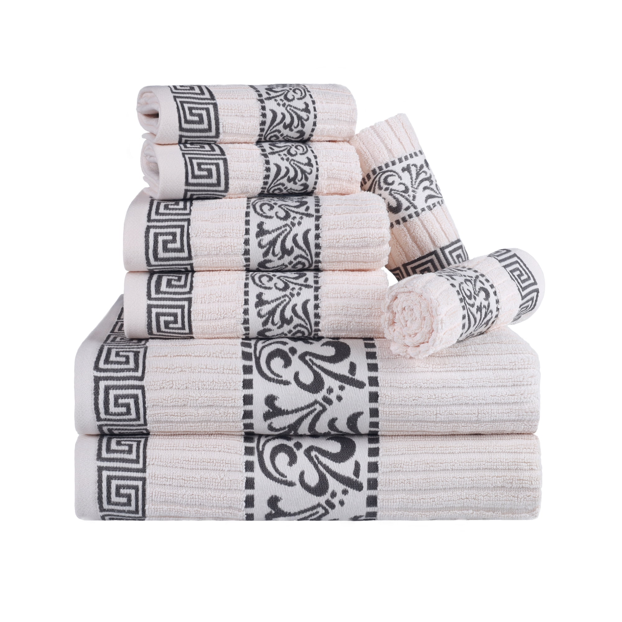 Decorative Assorted 8-Piece Cotton Luxury Bath Towel Set for Bathroom, 13" x 13”, 16” x 30”, 30” x 52”, Ivory-Grey by Blue Nile Mills