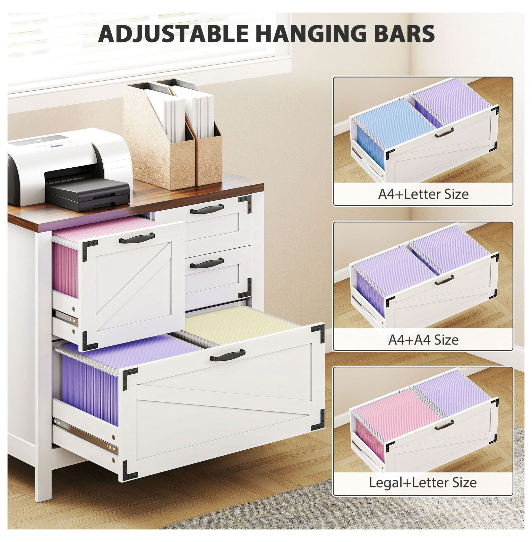 HOMCOM 4-Drawer Lateral File Cabinet, White Farmhouse Office Storage Cabinet for Legal, Letter & A4 Files, Engineered Wood with Printer Top, Home Office & Study Organization
