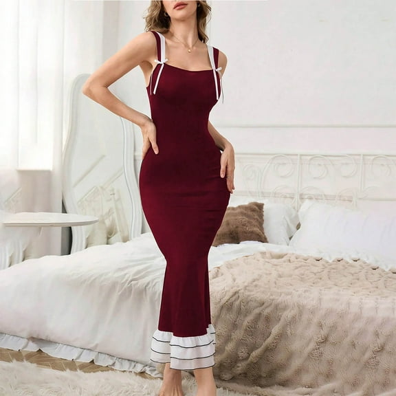 Blmnix Moo Moos for Women Nightgown Victorian Nightgown Sexy Nightgown Chemises Sleep Shirt Square Neckline Long Red Sleeveless Ladies Nightgowns,XL