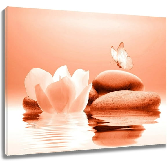 Zen Stone Canvas Wall Art White Flower and Yellow Butterfly on Lake Wall Art for Bathroom Living Room Bedroom Modern Spiritual Yoga Spa Picture Canvas Wall Decor Zen Art,16x12 Inches