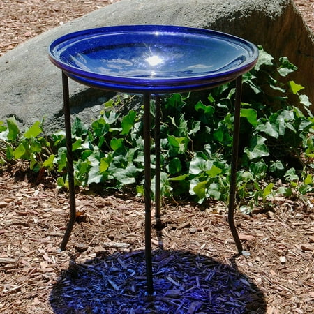 3" Antique Copper Green Leaves Birdbath with Stake Cobalt Blue - Achla Designs