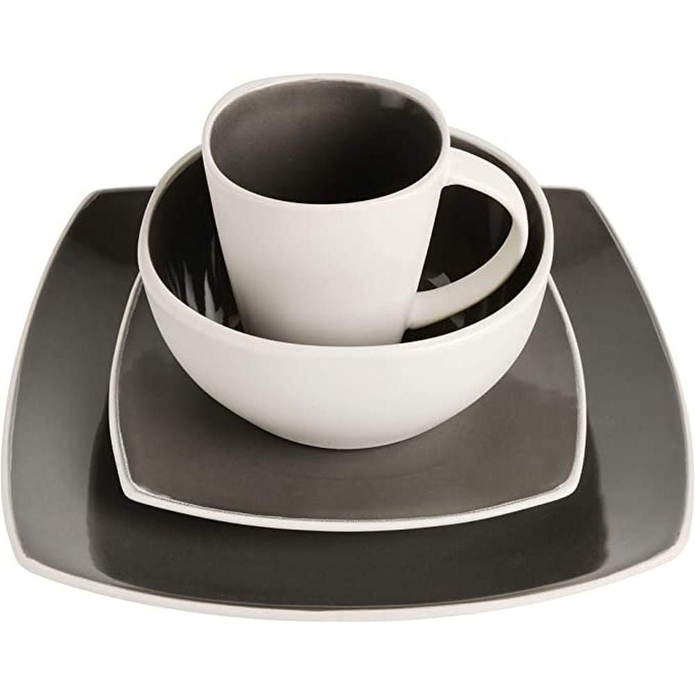 Gibson Elite Soho Lounge Square 16 Piece Stoneware Dinnerware Set, Grey/White