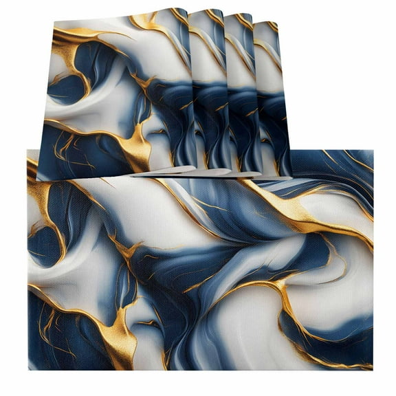 Navy Blue Marble Placemats for Dinning Table Set of 6, Gold Modern Art Burlap Kitchen Place Mats Waterproof Cloth Table Mats, Indoor Outdoor Placemats Easy Clean Dinner Decor