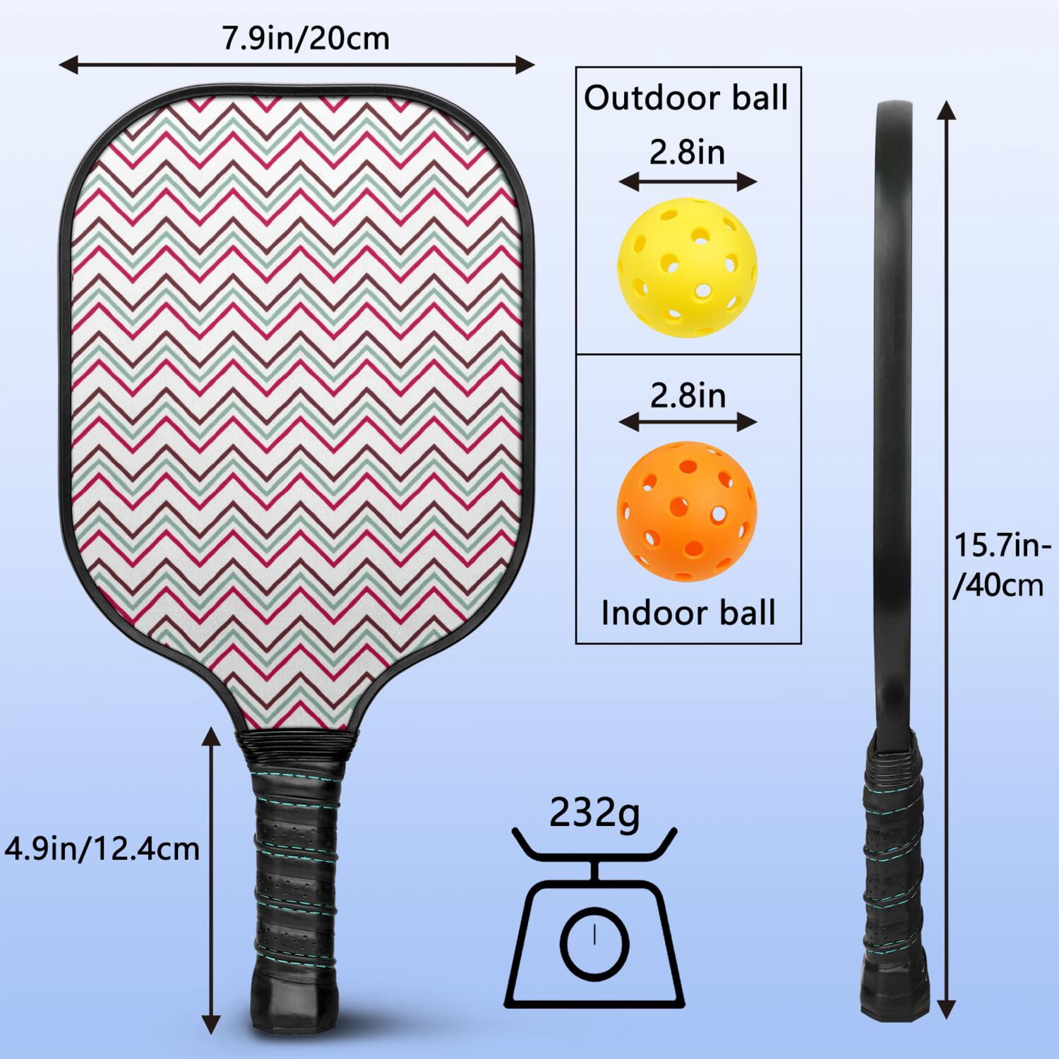 Pickleball Paddles Set Of 1, Fiberglass Surface, Colorful Lines Print, 1 Paddle, 2 Balls & Bag