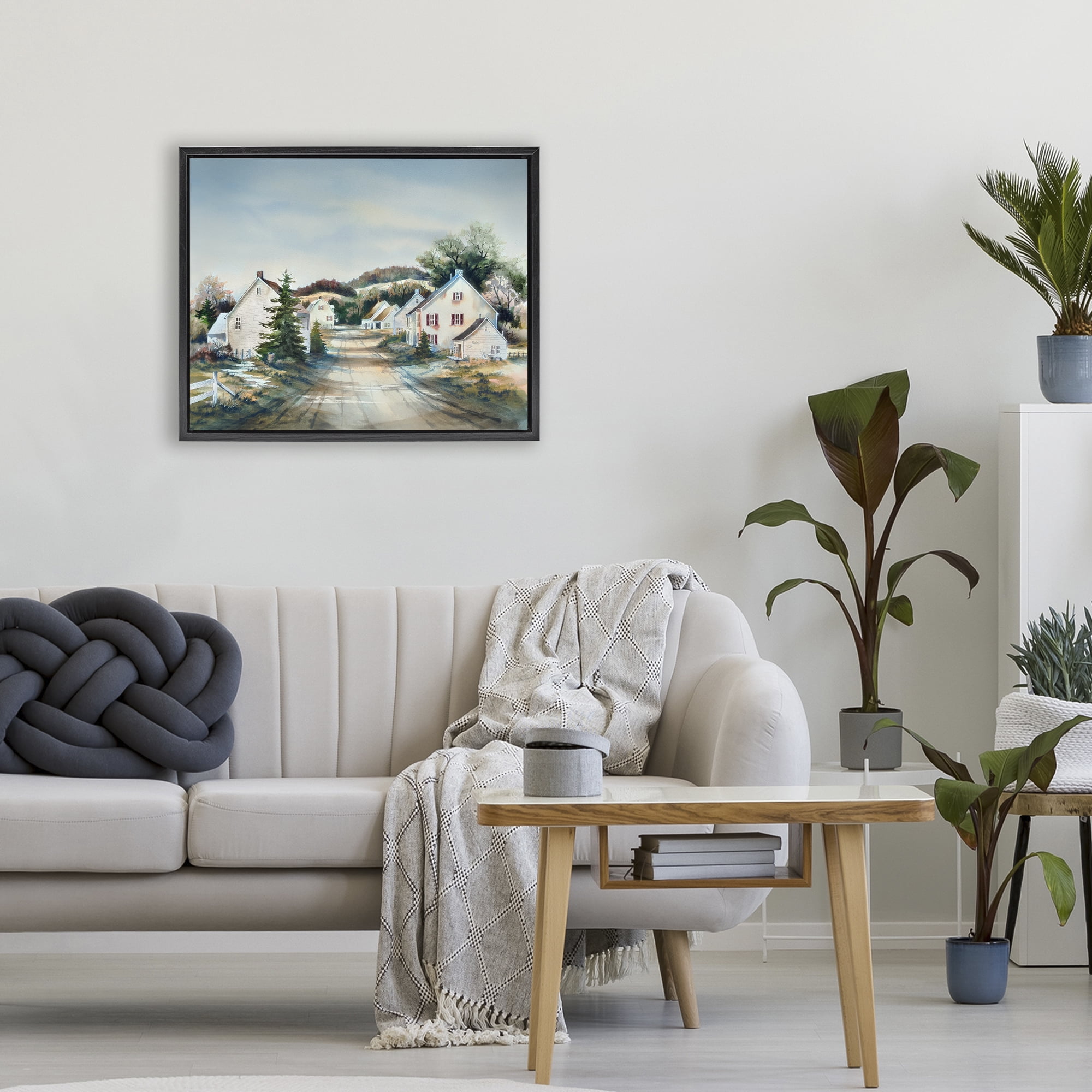 Stupell Industries Tranquil Village Road & Houses Black Framed Floater Canvas Wall Art, design by Owen Wexler