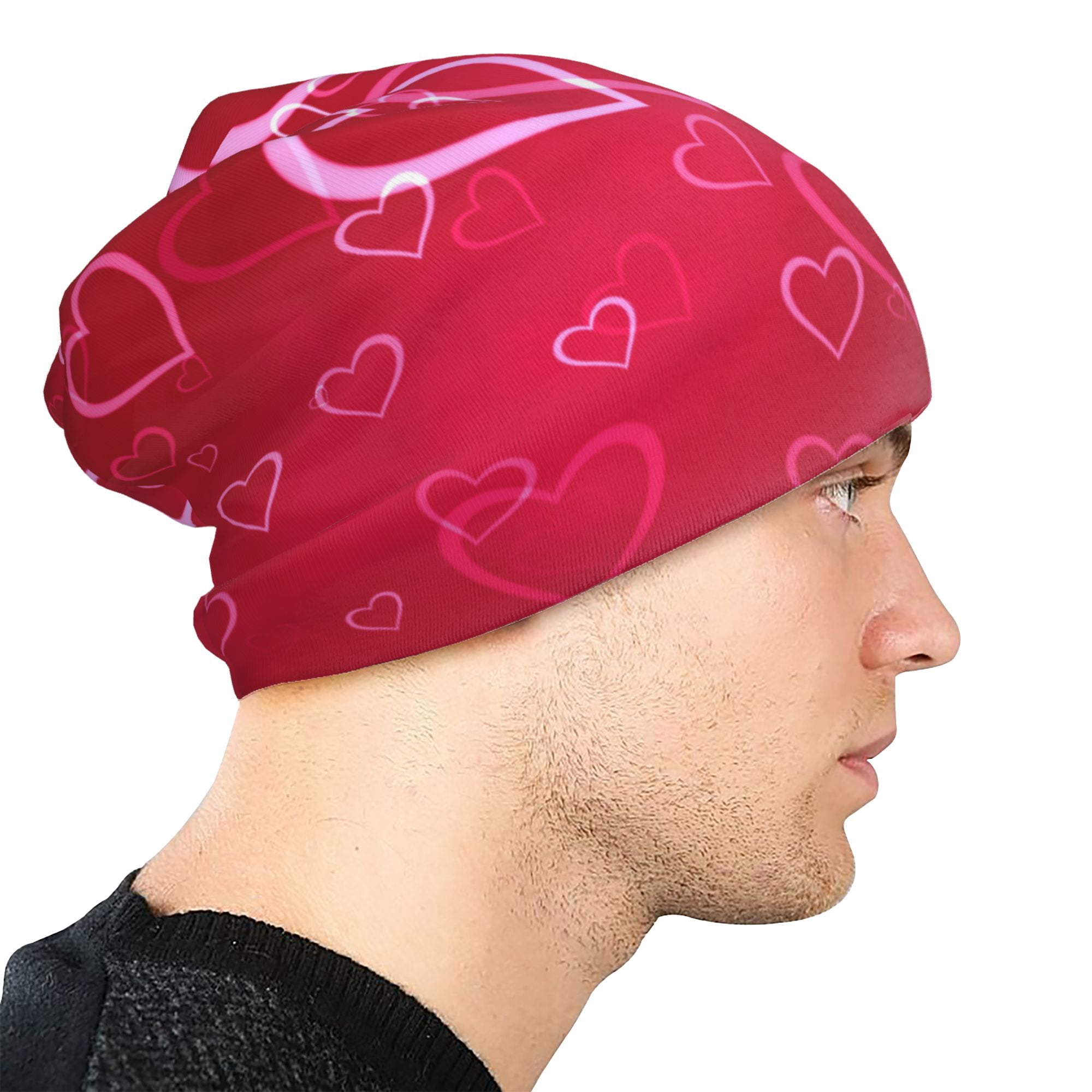 Handmade Hand Crafted Adult Knit Skull and Heart hat black gray and pink Beanie Hats for Men and Women, Pink Hearts Love Checkered  main image 2
