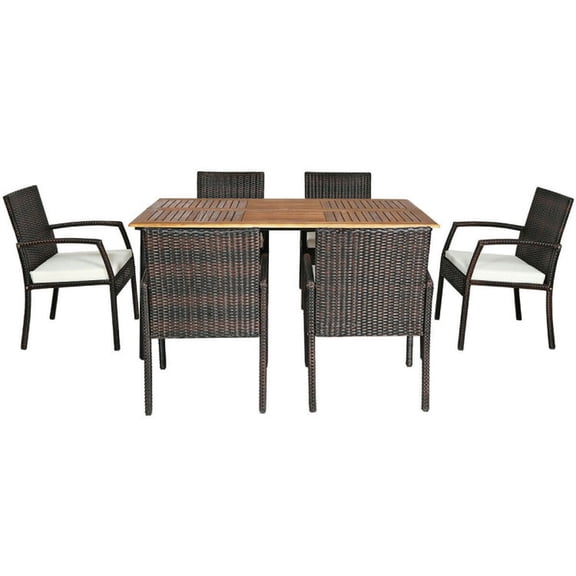 Spaco 7 Pieces Patio Cushioned Dining Set with 6 Portable Armchairs and Premium Acacia Wood Table, PE Wicker Cushioned Dining Set with Umbrella Hole, Patio Dining Set for Outdoor, White