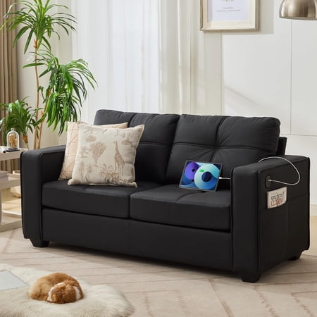 AODAILIHB 65" W Faux Leather Loveseat Sofa, Modern Tufted Comfy Office Small Couch w/USB Charging Ports and Wide Arms, Black