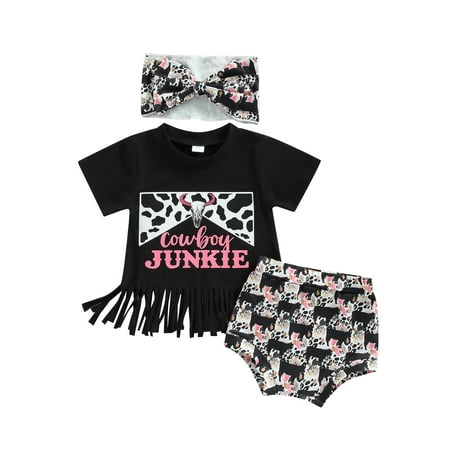 

jaweiwi Infant Girl Summer Clothes 3Pcs Outfits Set Letter Print Short Sleeve Tassel T-Shirt + Animal Shorts + Bow Headband