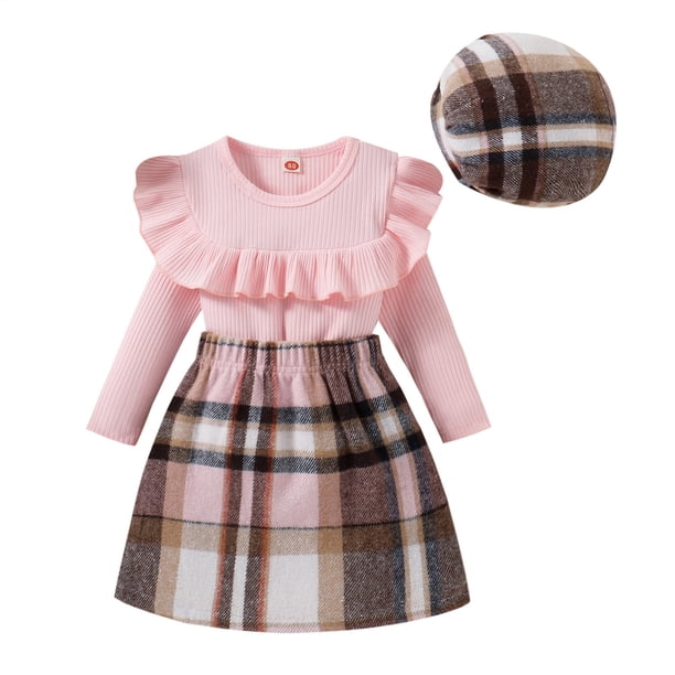 Gibobby Conjunto de leggings para bebés y Niñass Conjunto de ropa de 3 piezas para Niñass pequeñas, otoño e invierno, con volantes, acanalados, falda a cuadros(Rosa, 6-12 Meses)