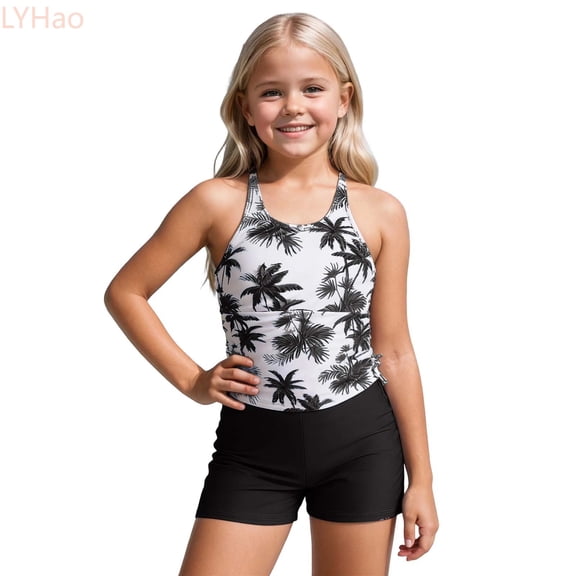 LYHao Girls Two Piece Swimsuits For Kids UPF 50 Sun Rash Guard And Swim Shorts For Beach Pool Water Play,Swimwear Sets 5-6 Years Black