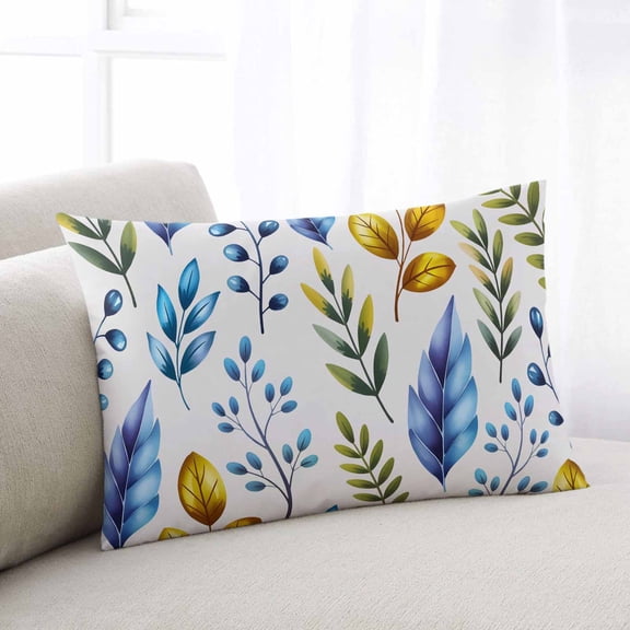 Watercolor Botanical Throw Pillow Covers, Blue Yellow Leaves Floral Plants Spring Soft Breathable Pillow Cases with Invisible Zipper, Small Pillowcases for Couch Bed Sofa Chair 16x24 Inches