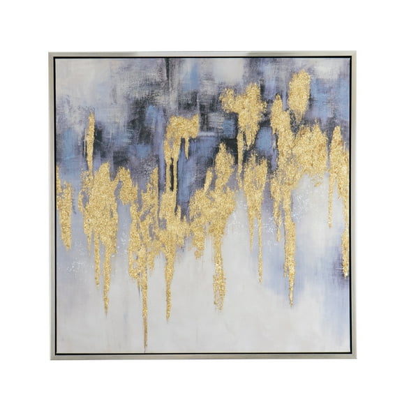 Gold Flakes Framed Oil Painting - 39.5"H x 39.5"W x 1.5"L - Gray/Gold/Blue