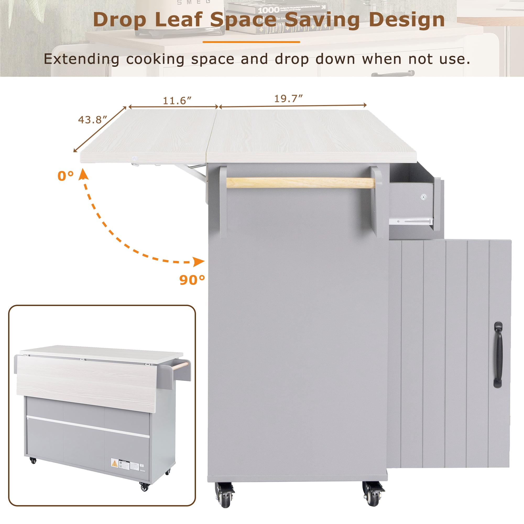 EUROCO 500LBS Rolling Kitchen Island with 15 Gallon Storage Trash Can,Kitchen Cart Island with Drop Leaf,Tilt Out Kitchen Trash Cabinet with Spice Rack, Adjustable Shelf and Drawers,Grey