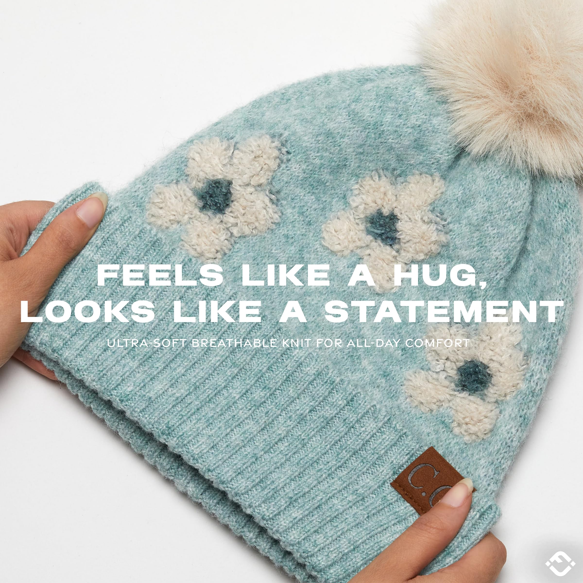 Funky Junque Beanie for Women Ultra Soft Chenille Faux Fur Pom Pom Winter Hats Warm Ski Cap Fashion - Daisy - Mint