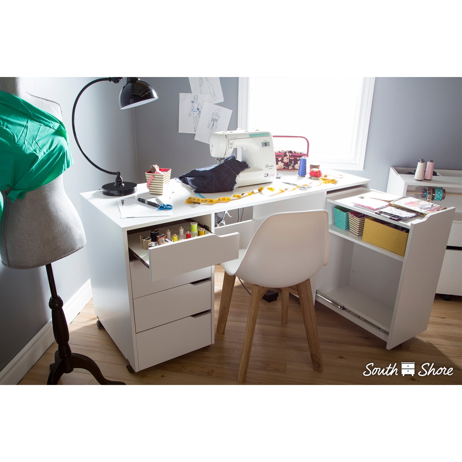 Maykoosh Contemporary Cool Sewing Craft Table on Wheels with Sliding Shelf, Storage Drawers and Scratchproof Surface, Pure White - 23.62"D x 58.12"W x 295"H