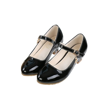 

Wazshop Girl Dress Shoes Low Top Sandals Slip On Mary Jane Simple Round Toe Pumps Kids Buckle Cute Black 3.5Y/4Y