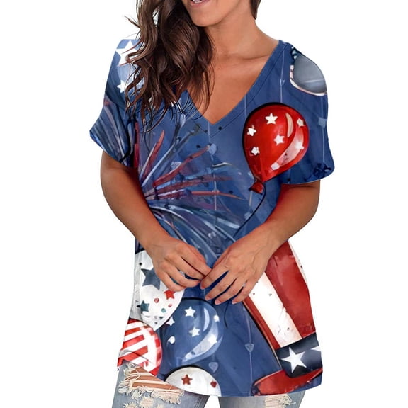 ibuvkizy Summer Tops for Women 2025!Independence Day Shirts for Women Fashion American Flag Tops Patriotic Crewneck Short Sleeve Print Tees,4th of July Shirt Blue L