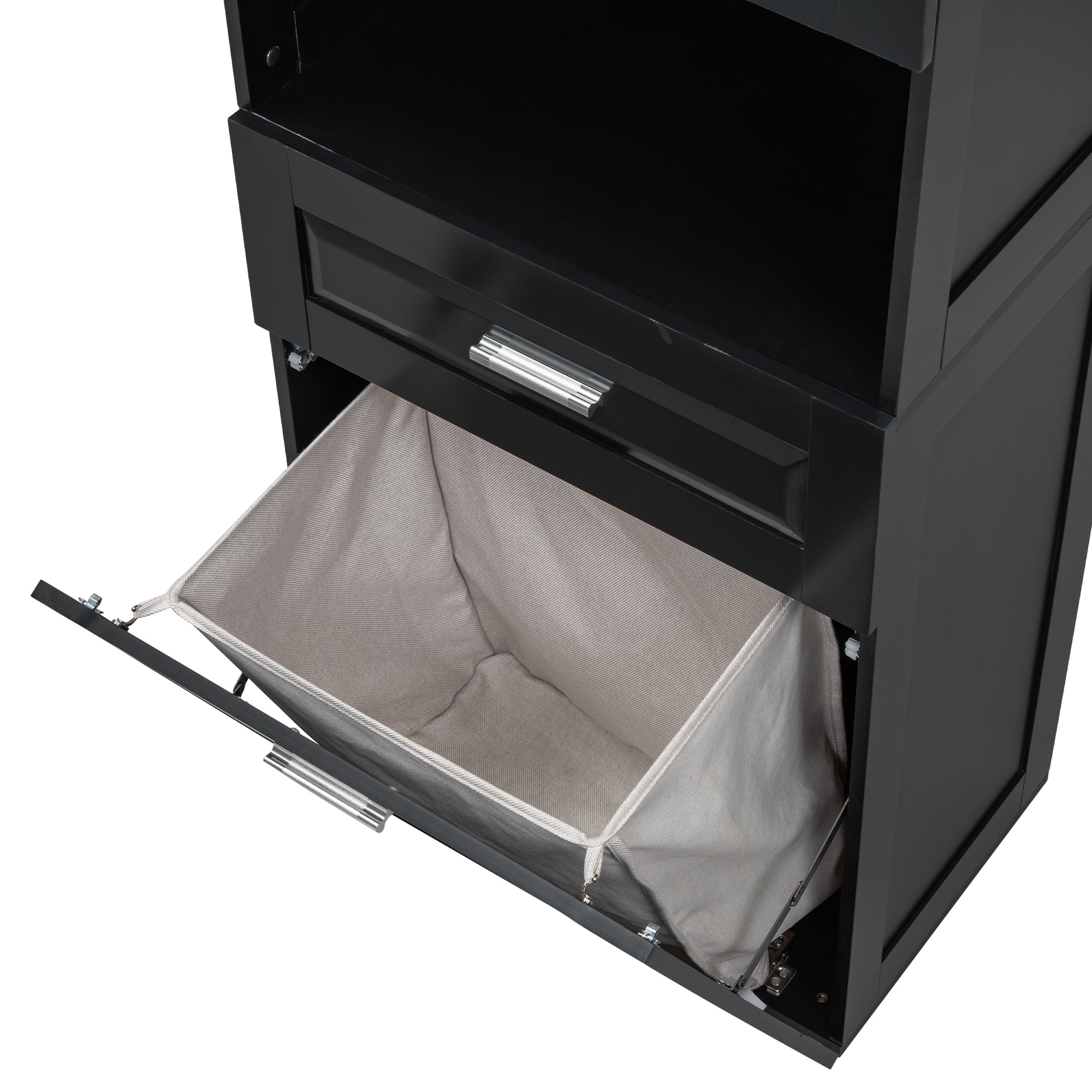 Leumius 70" Tall Bathroom Storage Cabinet with Drawer & Laundry Basket，Modern Freestanding Tilt-Out Laundry Hamper and Upper Storage Cabinet,Black