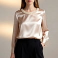 thumbnail image 2 of XAOFW Women's T-Shirts Long Sleeve Pearl Neckline Solid Color Elegant Satin T Shirt Leisure Wear Relaxed Fit Tee Shirts Home Lounging Soft Breathable Top, 2 of 4