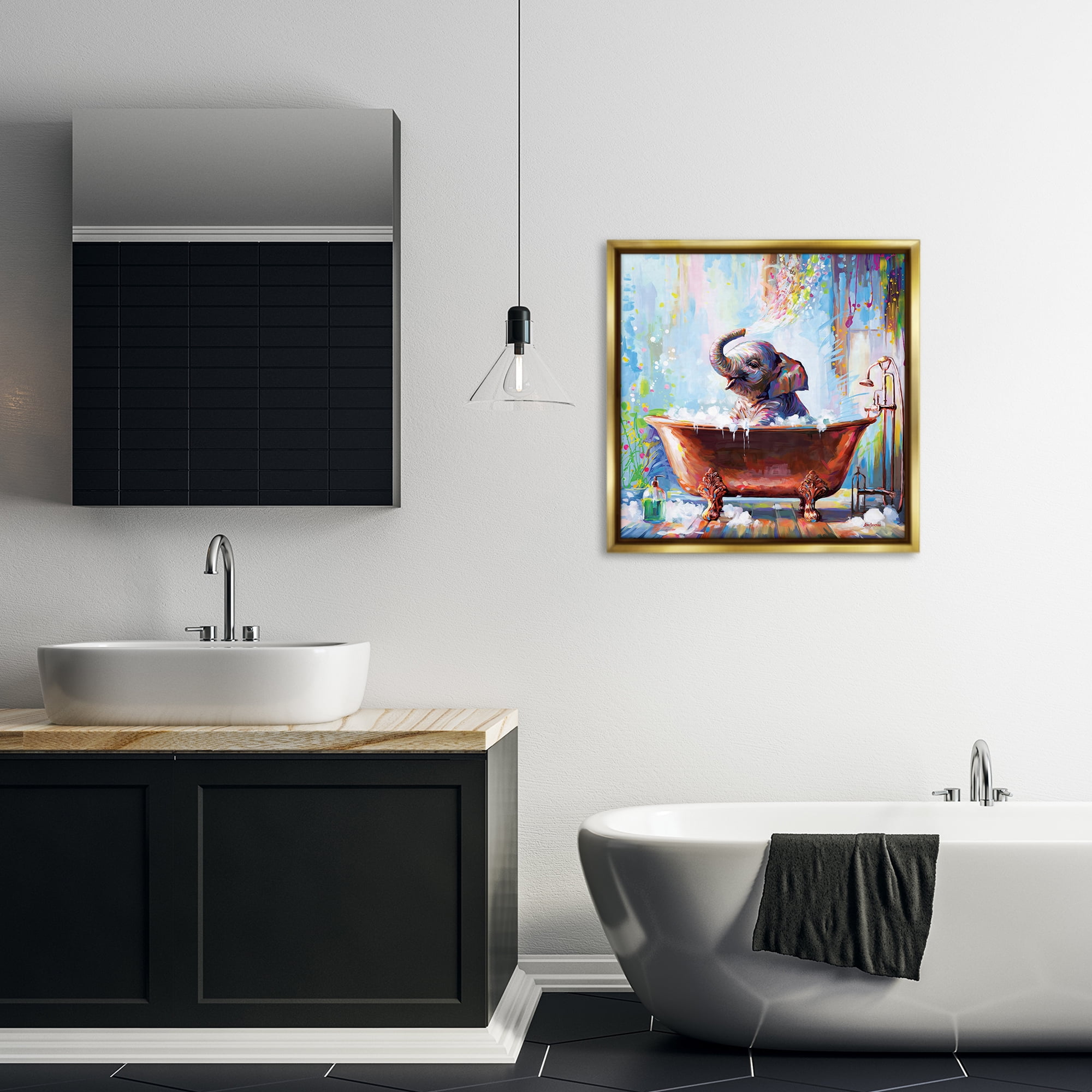 Stupell Industries Splashing Baby Elephant Bath & Laundry Painting Gold Floater Framed Canvas Art Print Wall Art, 25 x 25