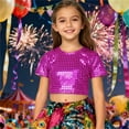 thumbnail image 2 of Tisuna Sequin Cropped Tops For Girls Child Laser Print Short Sleeve Crew Neck Shirts Fashion Cute Girls Summer Performance Dance Clothes Hot Pink Size 7-8 Years, 2 of 4