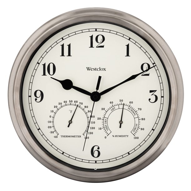 Westclox Reloj de pared para interiores y exteriores con medidores de temperatura y humedad, precisión de cuarzo resistente a la intemperie, funciona con pilas (plateado, 12 pulgadas)