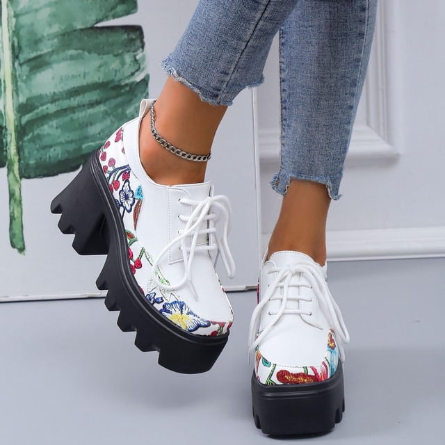 LSLJS Bottines Compensées pour Femmes, Chaussures Rétro Plates Décontractées Grande Taille à Lacets pour Femmes
