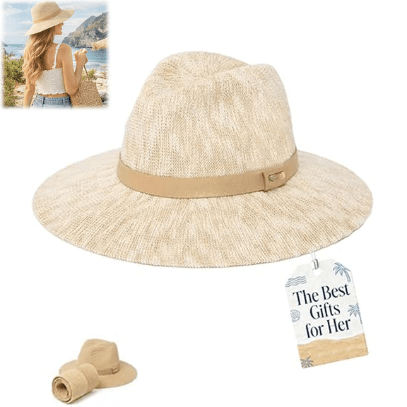 Women's Packable Knit Fedora Sun Hat 2026, Foldable Soft Beach Hat with Wide Brim, Lightweight Breathable Travel Hat for Summer Vacation, UPF Protection(wwx)