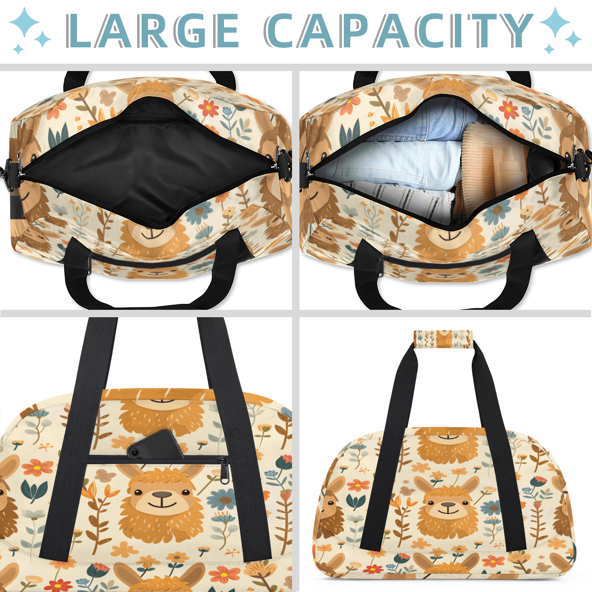 Herdesigns Cute Llama Sports Duffle Bag for Women & Men, Llama Floral Gym Bag Dance Bag Overnight Bag Carry On Weekender Travel Bag