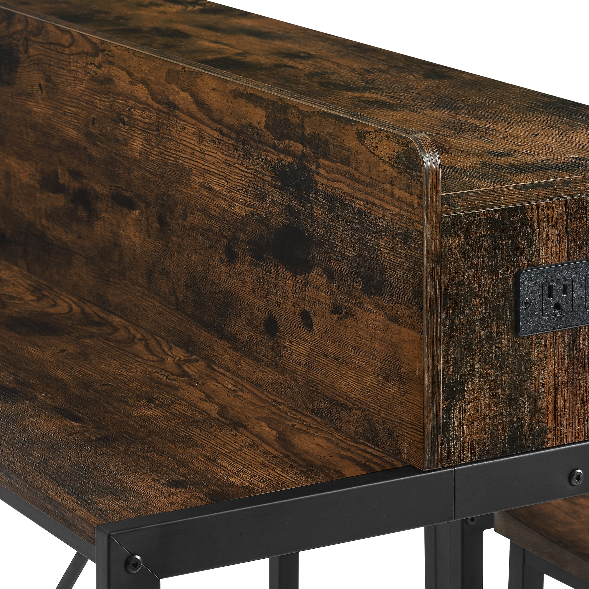 Aukfa Counter Height Dining Table Set, Kitchen Table W/ LED light,Storage Shelves & Power Outlet for Breakfast,Brown