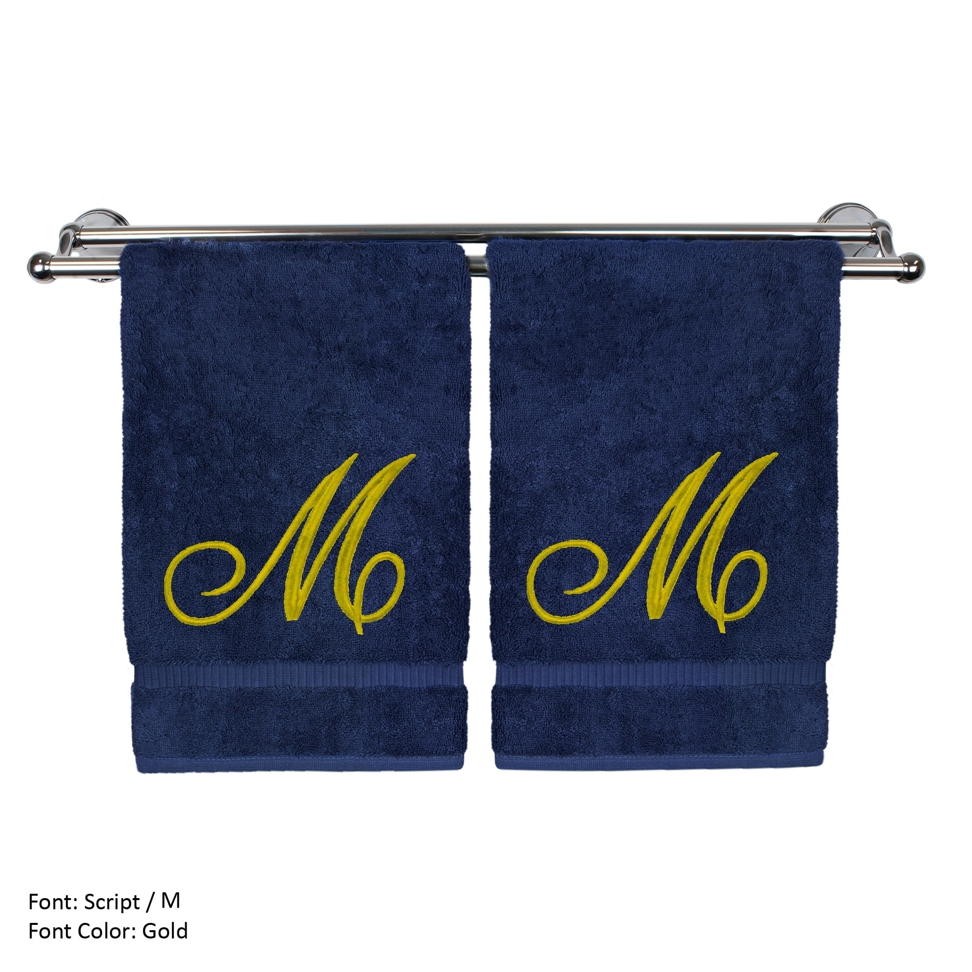 Monogrammed Hand Towel, Personalized Gift, 16 x 30 Inches - Set of 2 - Gold Embroidered Towel - Extra Absorbent 100% Turkish Cotton - Soft Terry Finish - for Bathroom, Kitchen and Spa - Script M Navy