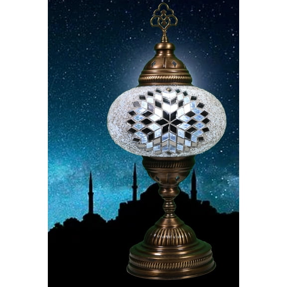 KusKuus Handmade 14" White LED  Table Lamp Turkish  Mosaic Boho Bedside Night Lamp Vintage Mosaic Table Lamp Stained Glass Globe Brass Colored Base with 8W LED Bulb and US Plug BSC11