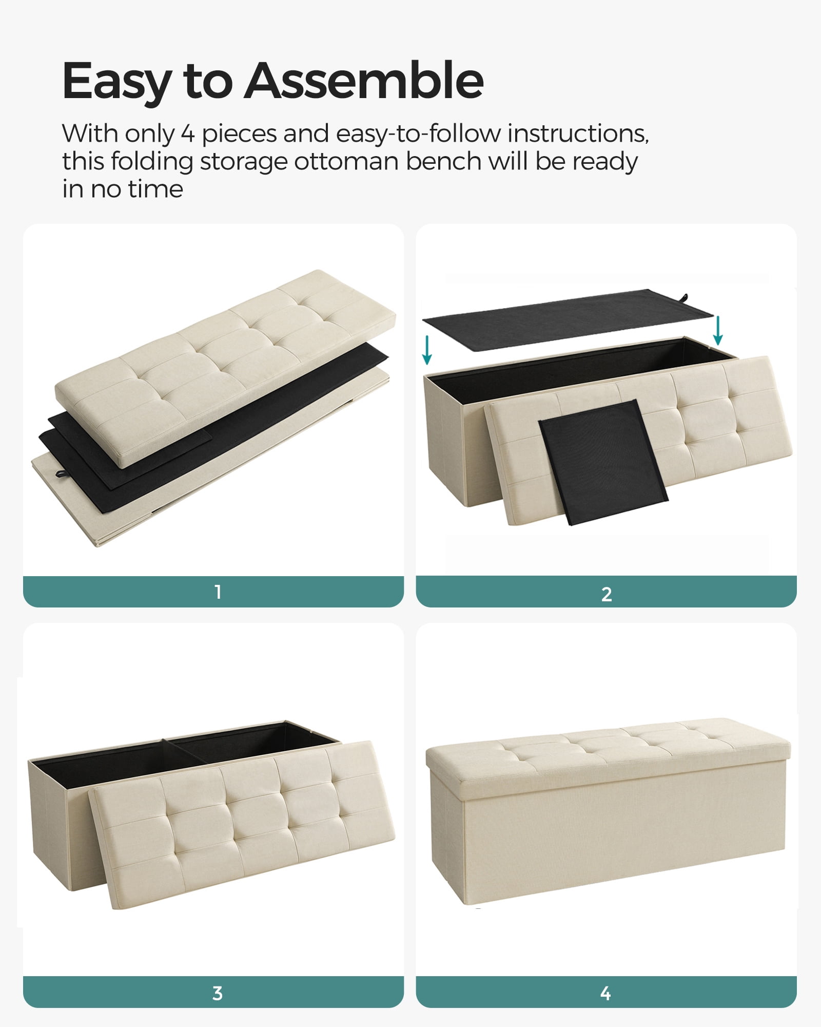 SONGMICS Storage Ottoman Bench, 15 x 43 x 15 Inches, Ottoman with Storage, End of Bed Bench, for Living Room, Bedroom, Cream White