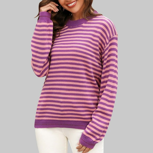 EGNMCR Pull à Col Rond pour Femmes, Pull Décontracté Mode Contraste de Couleur Tricoté à Manches Longues Col Rond Women Sweater