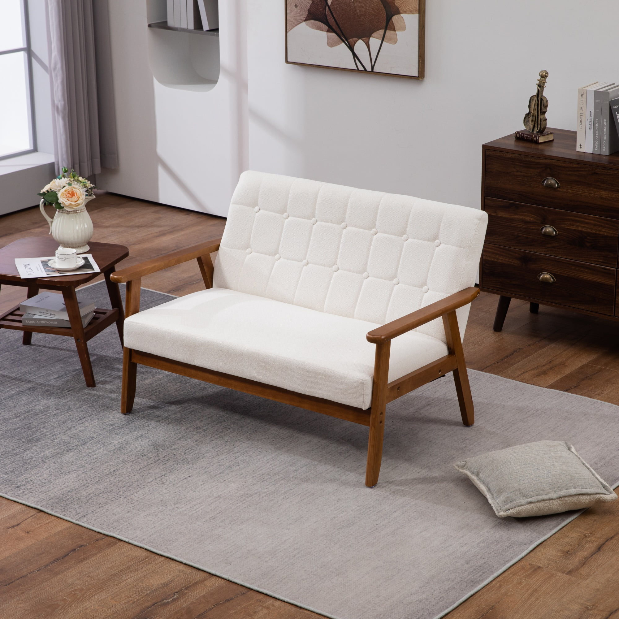 Miniyam Mid Century Modern Loveseat,2-Seat Linen Fabric Upholstered,Reading Couch,Accent Sofa,White