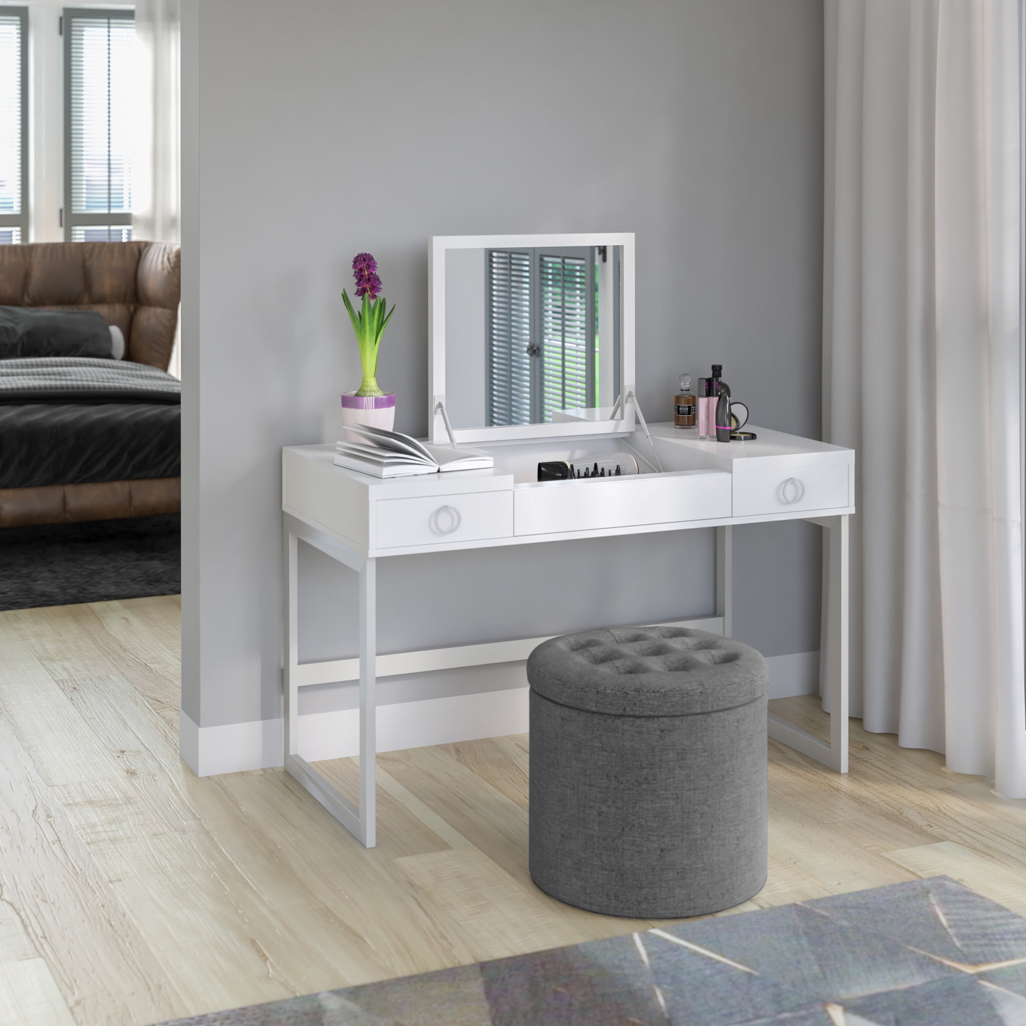 Makeup Vanity with Hideaway Mirror and Drawers in White