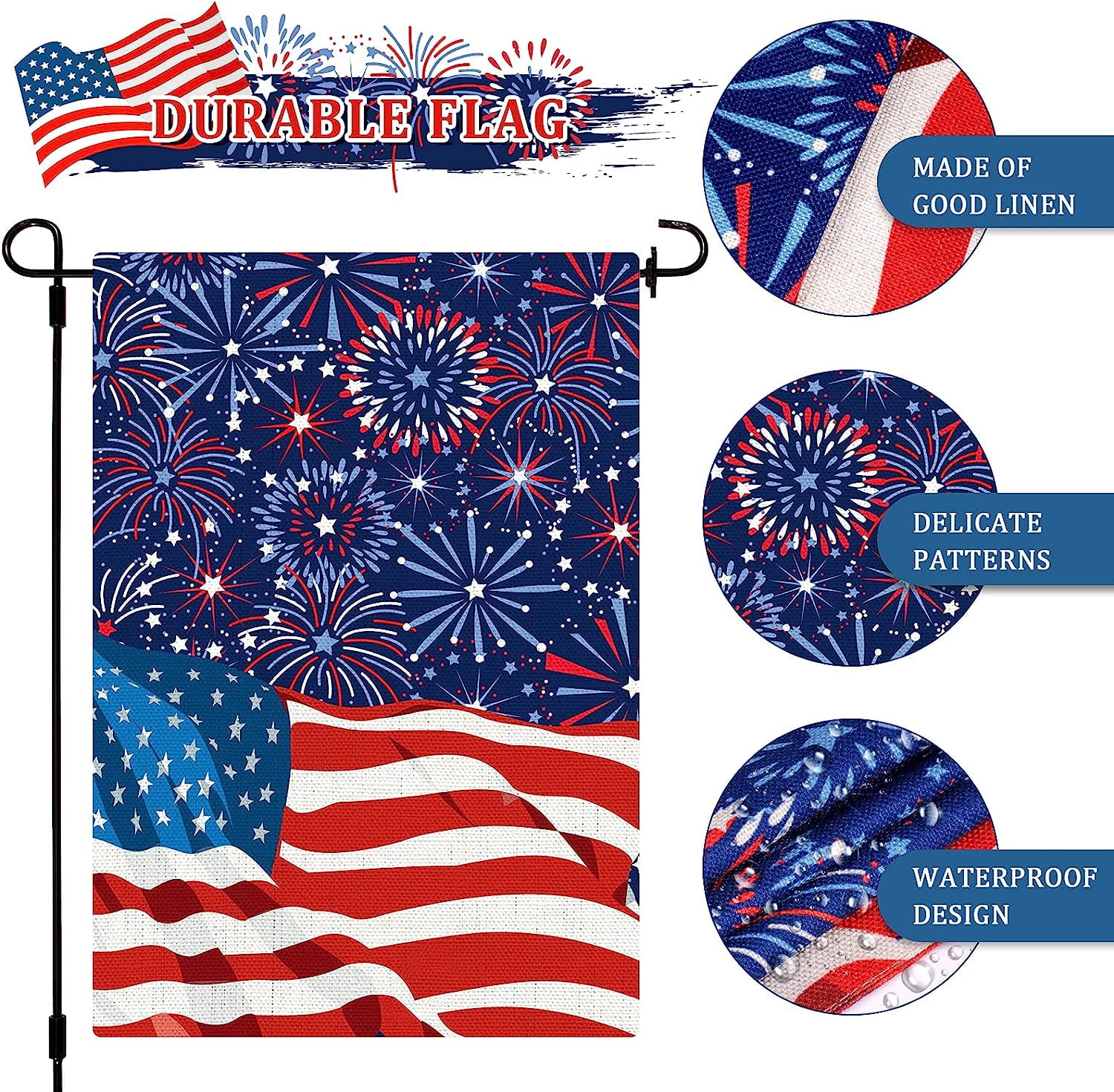 4th of July Garden Flag Patriotic American Flag Fireworks Yard Flags Double-Sided Red Blue White Holiday Outdoor Decor for Independence Day Lawn Patio Decoration, 12.5 x 18 Inch