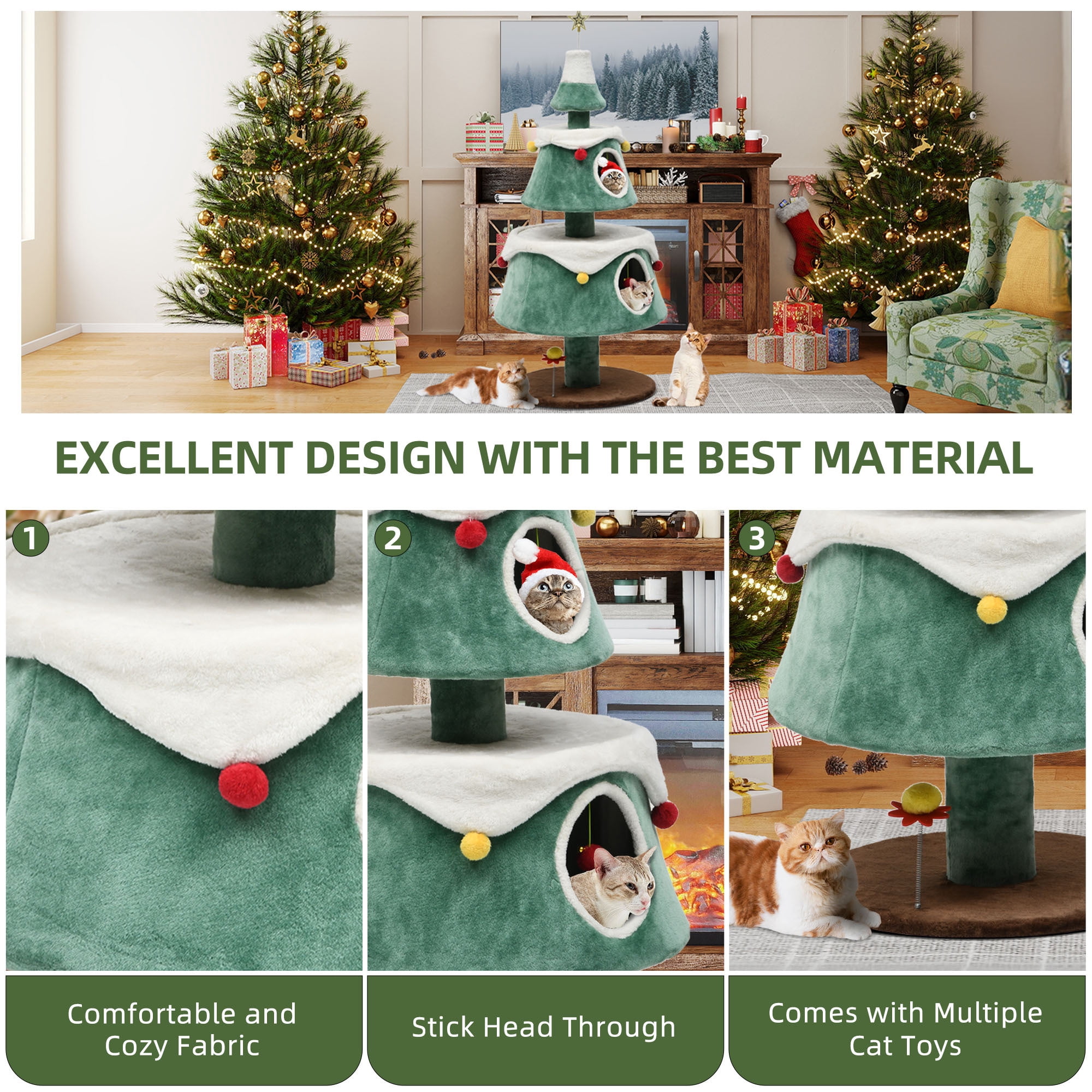 Uforic 63 Inch Festive Multi-Tier Cat Tree Tower with 2 Semi-Closed Rest Condos, Hanging Plush Interactive Toys for Small Medium Cats