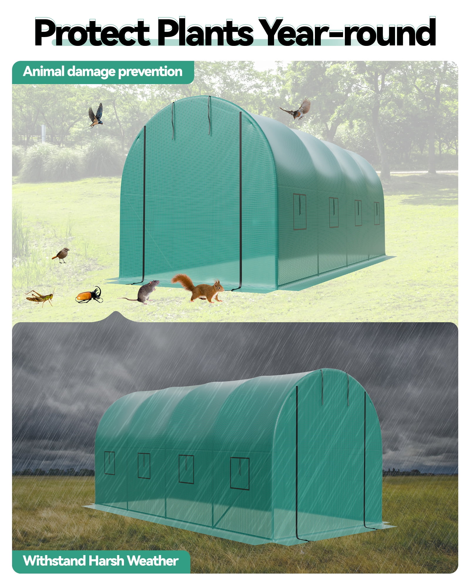 Walk-In Tunnel Greenhouse 15×7×7 FT – Heavy Duty Outdoor Greenhouse with Galvanized Steel Frame, Thick PE Mesh Cover, 8 Roll-Up Mesh Windows & Zipper Door for Backyard Gardening